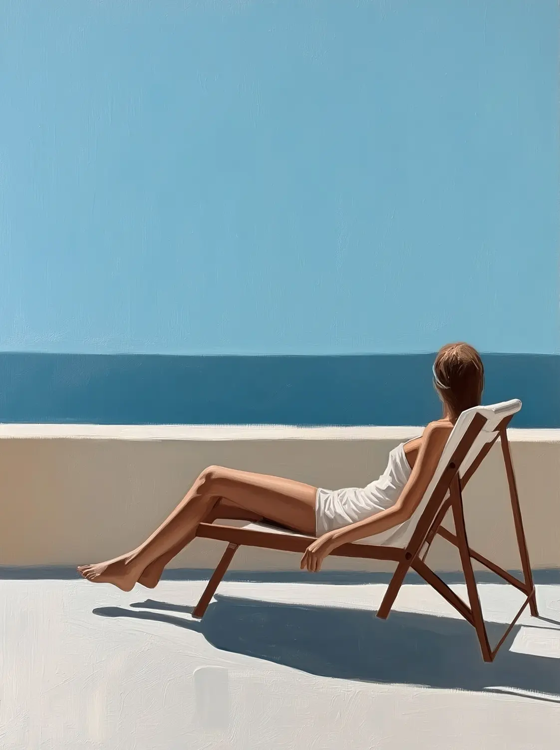 Girl on patio chair overlooking the ocean
